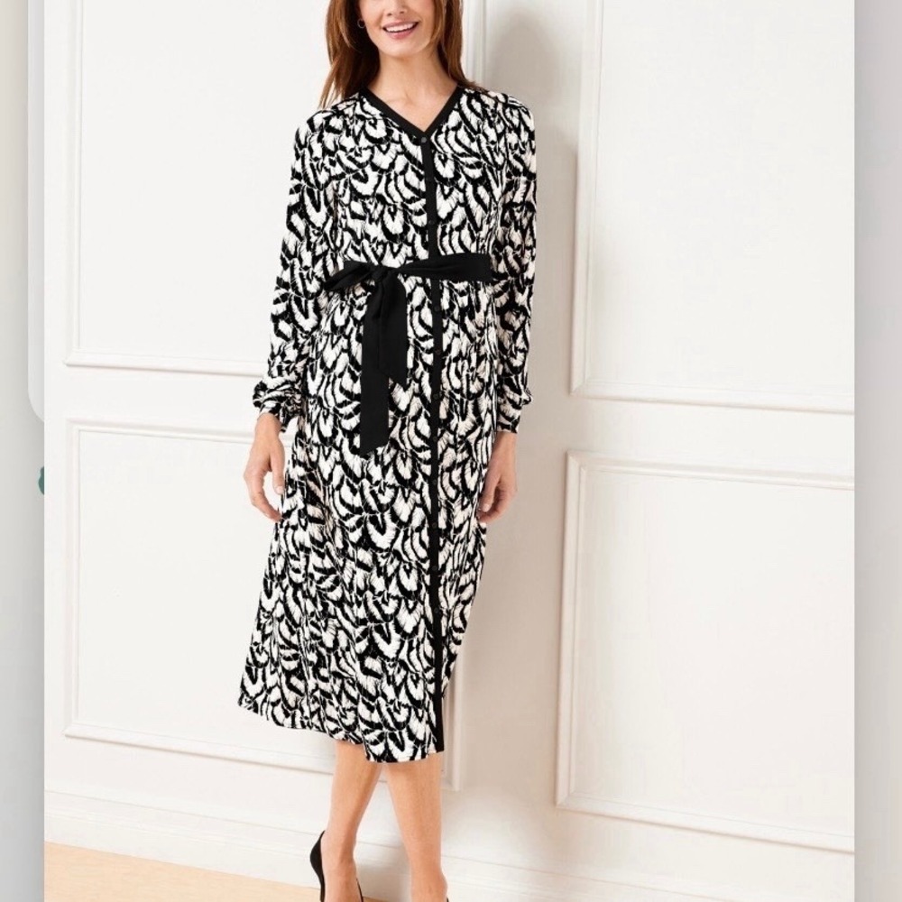 Talbots Black White Stretch Crepe Button Up Midi Shirt Dress Size 12 Office